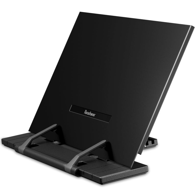 Readaeer Metal Book Stand for Desk Portable Document Holder for Cook Book, Music Book, iPad, Laptop, Reading Rest with 7 Adjustable Positions and Page Paper Clips - Image 1